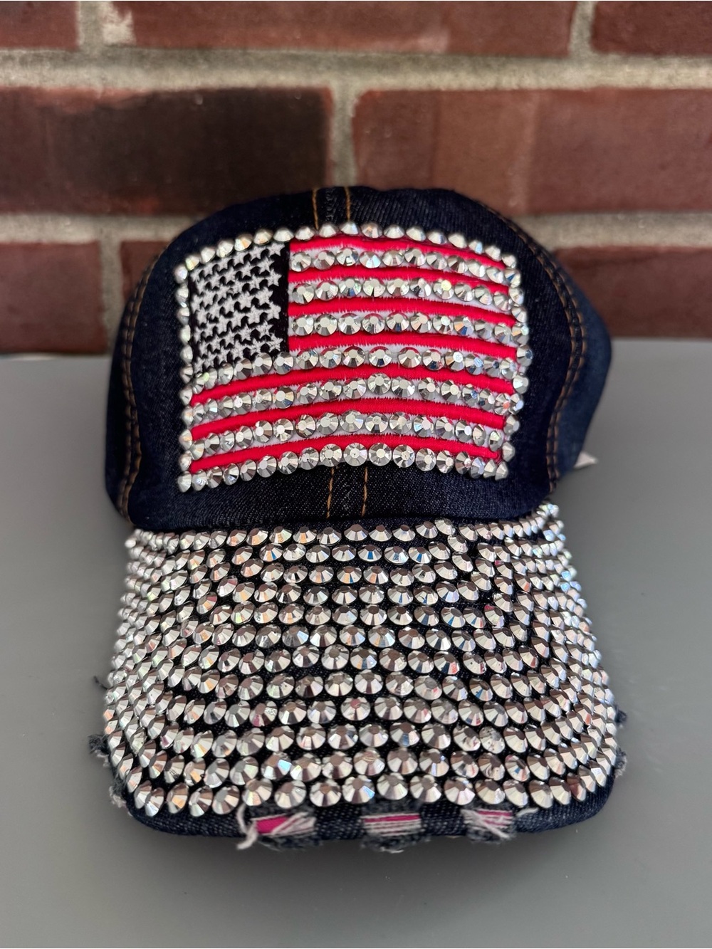 Falls Creek Denim Rhinestone American Flag Bling Baseball Cap Adjustable Women’s